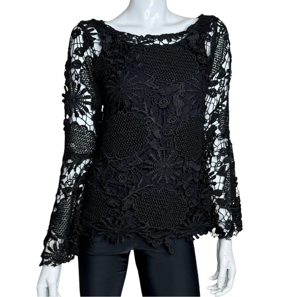Label Sheer Lace Statement Poet Sleeves Black Blouse‎